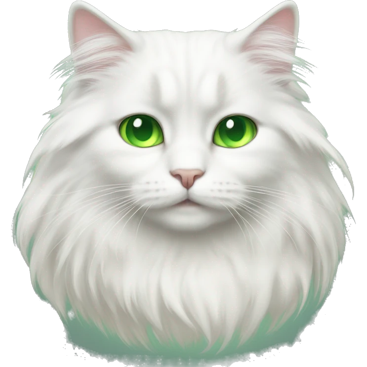 A white longhair cat, with green eyes, small emoji