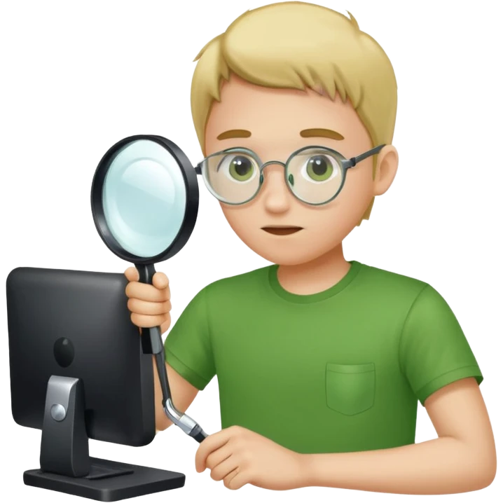 Человек в зеленой футболке , который смотрит в компьютер через лупу  emoji