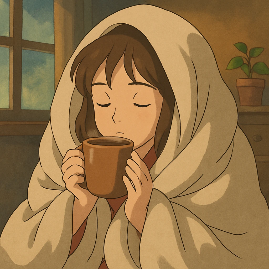 girl inside a blanket sipping coffee, eyes closed, style 7 emoji