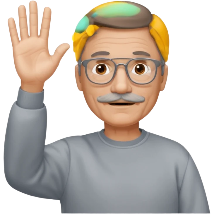 60 yr man partial brown hair parted in center, gray mustache, light glasses, sweatshirt waving hello emoji