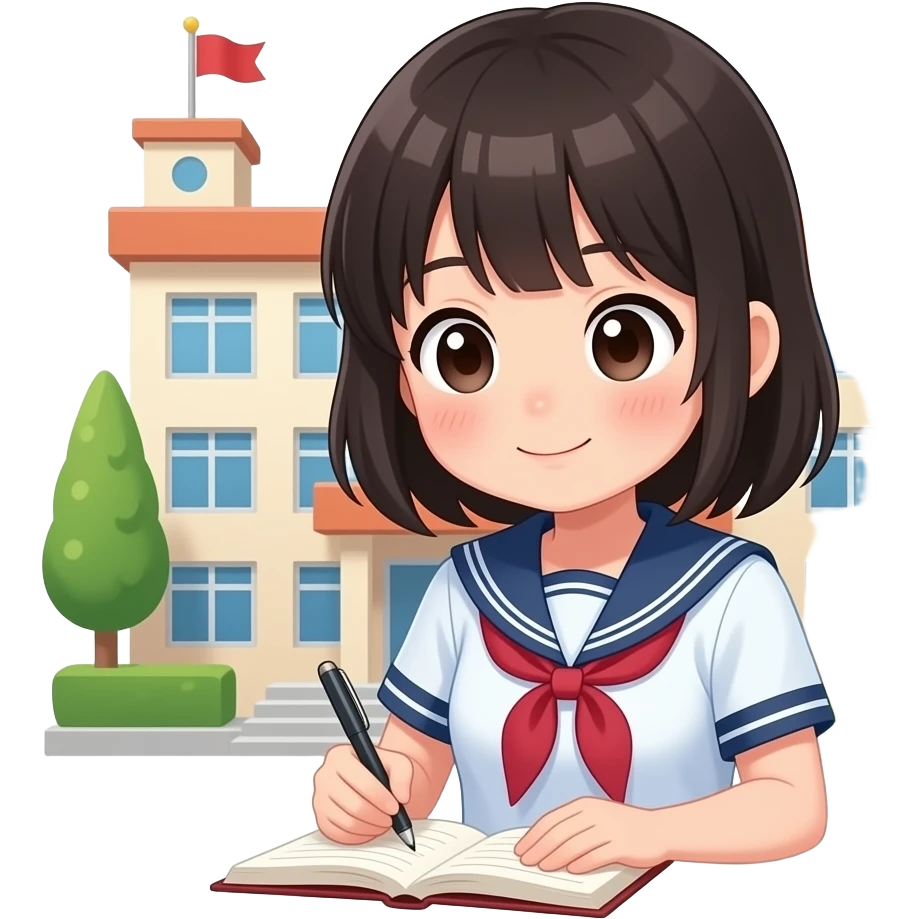 Japanese high school girl writing her diary with blushing face behind school building emoji