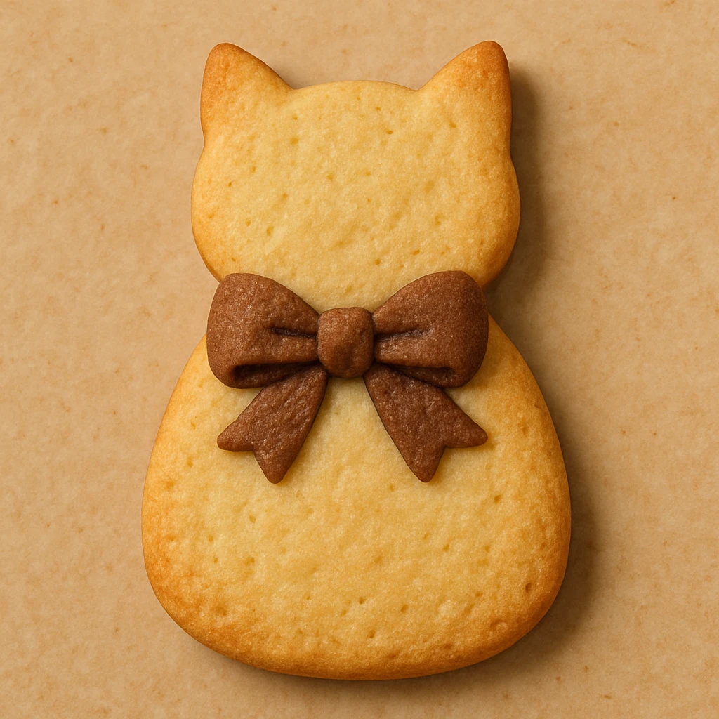 Transform the cookie into a cat-shaped cookie with no face, and add a brown bow. Blend the bow naturally into the cookie design. The style should resemble a cookie design with natural blending of the bow into the cookie texture and shape. emoji