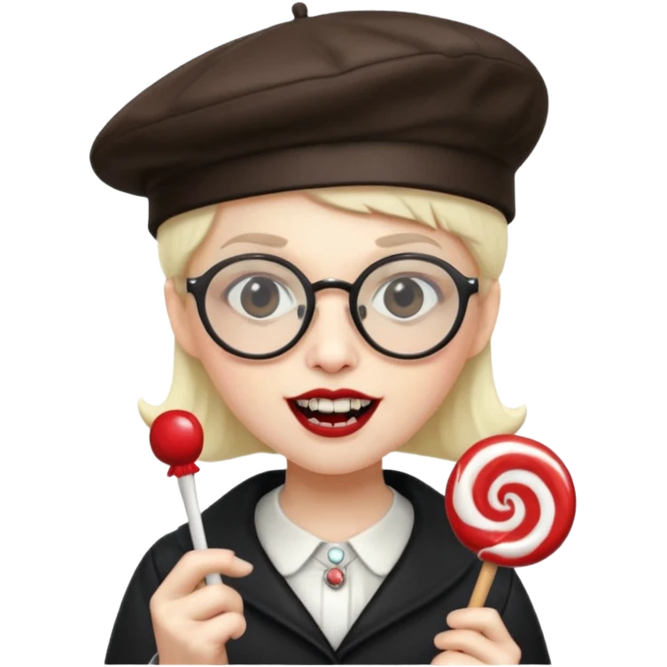 Vampire with lollipop, beret and glasses, teeth looks like vampire emoji
