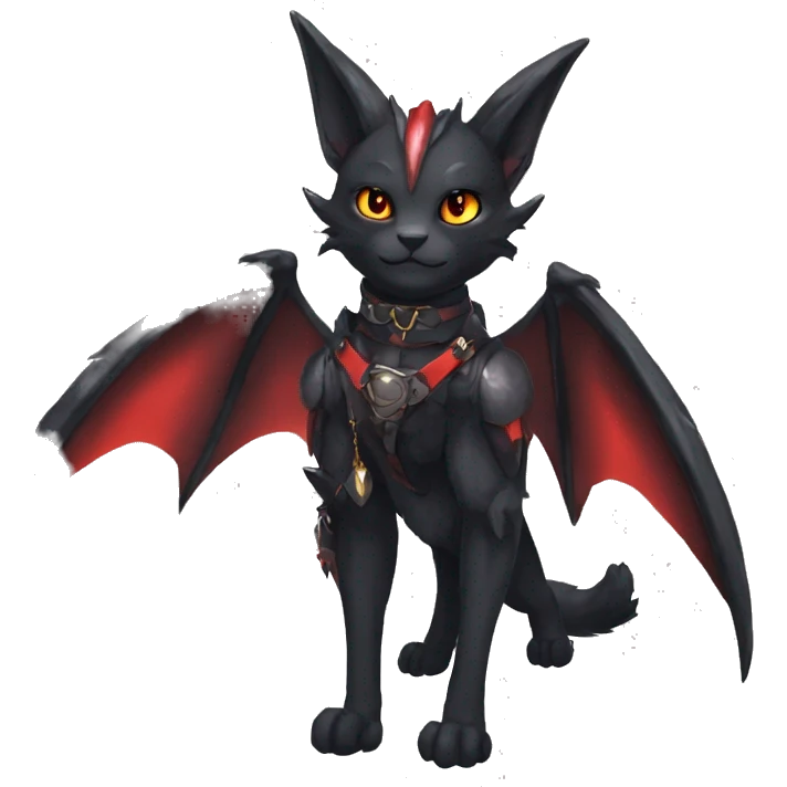 cool anthro edgy black red ethereal fantasy nargacuga-bat-cat-Fakemon collar harness full body emoji