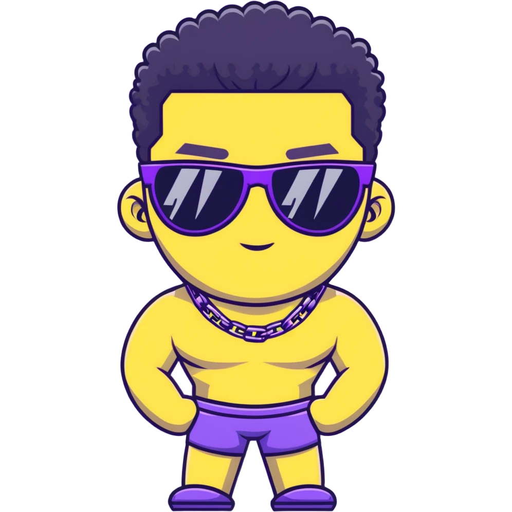 shirtless male athlete with white skin and moderately curly black hair on top with shaved sides, wearing purple sunglasses with black tinted lenses and a plain black chain necklace without pendant emoji