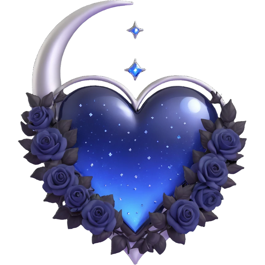 gothic heart, midnight blue glass, silver crescent moon, tiny black roses, shimmering stardust, rain-soaked look emoji