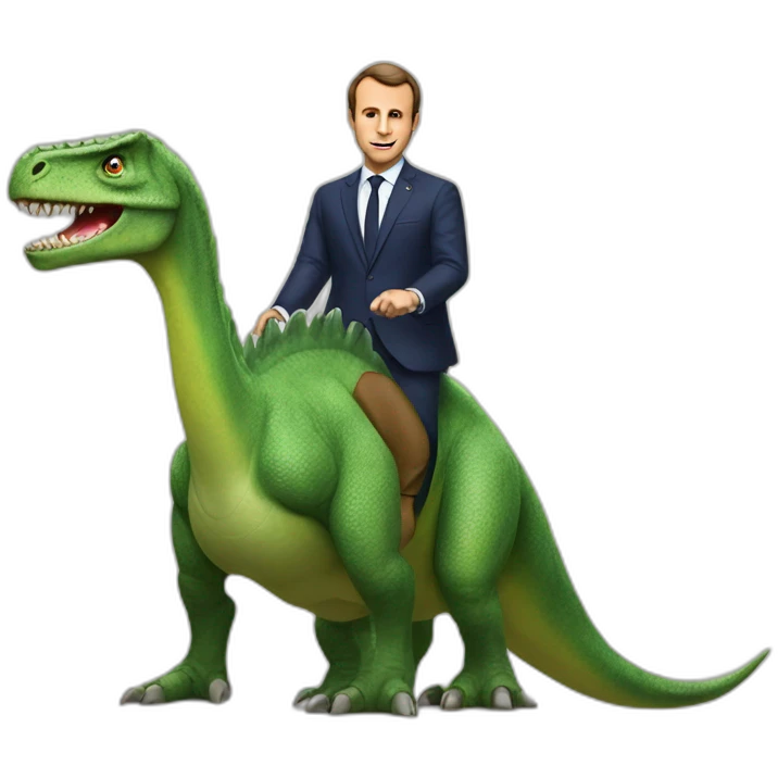 Macron sur un dinosaur emoji