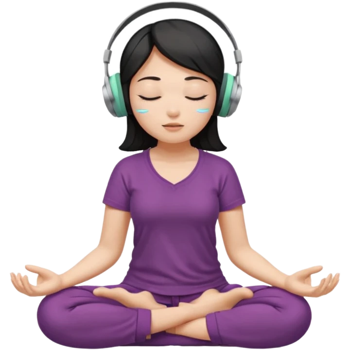 An East Asian woman is sitting cross-legged in a meditation pose, wearing Apple headphones and listening to music. The song is so beautiful that she has her eyes closed and tears streaming down her face. emoji