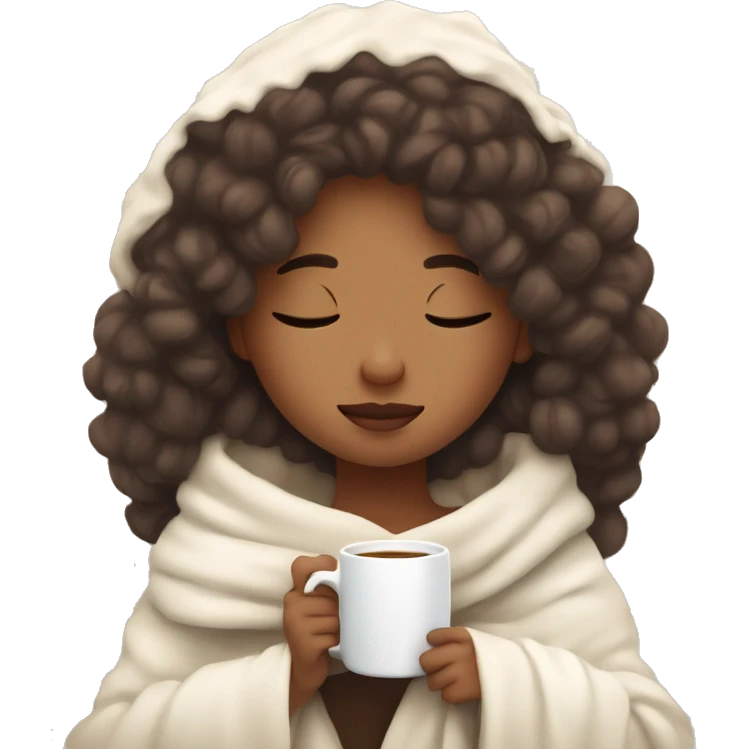 Cozy aesthetic girl wrapped in a white blanket holding a cup of coffe, eyes closed  emoji
