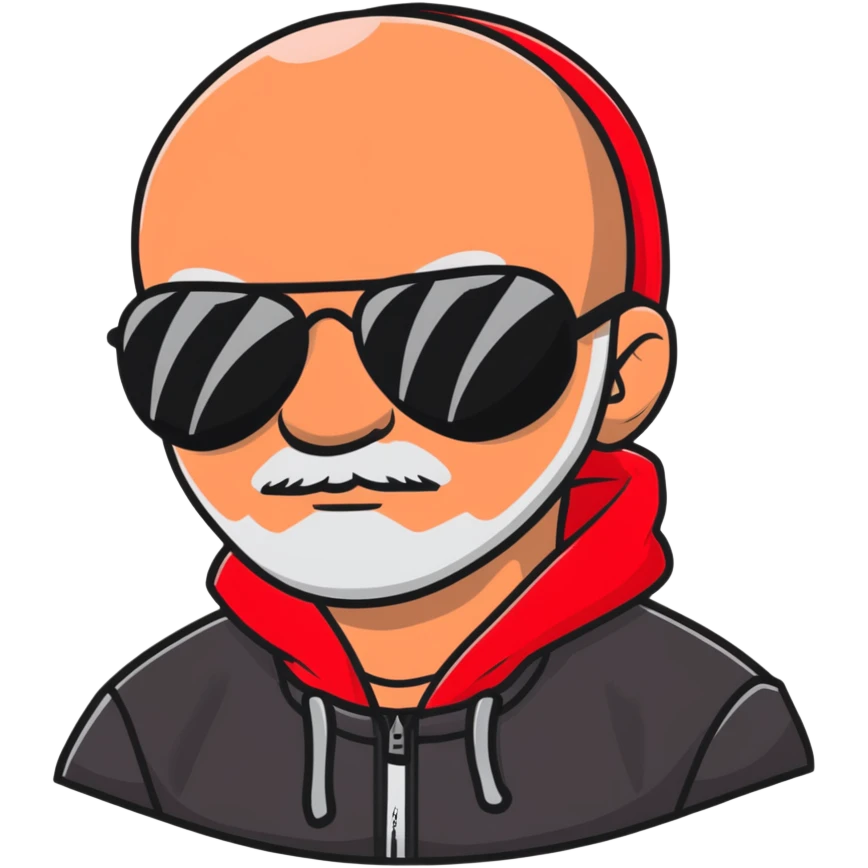 middle-aged man with minor hair growth on upper lip, black aviator sunglasses, red hoodie with hood covering head emoji