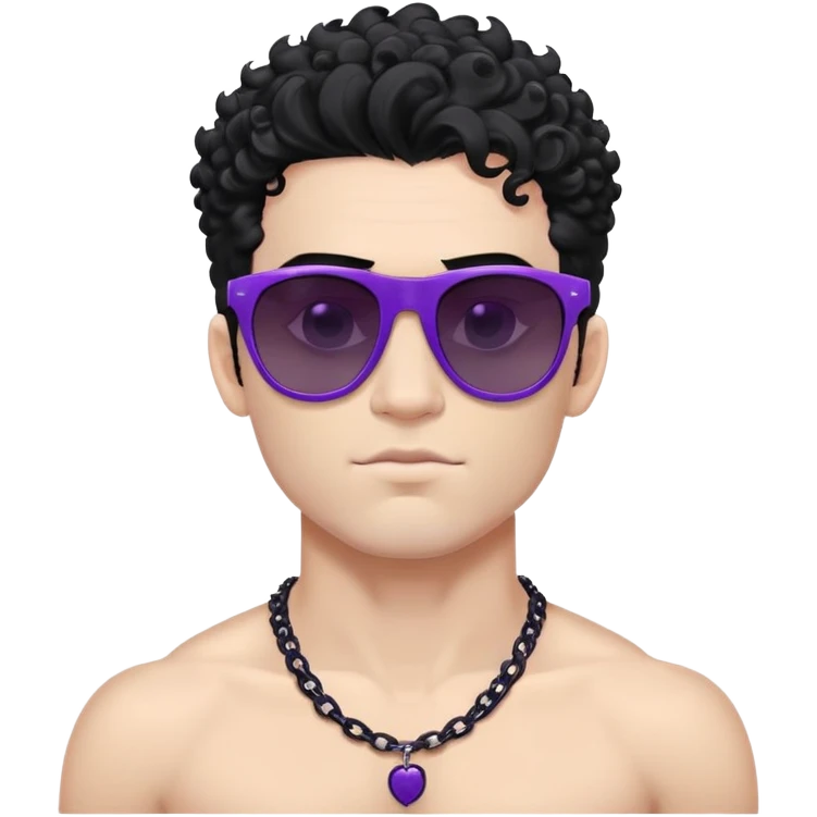 shirtless male athlete with white skin and moderately curly black hair on top with shaved sides, wearing purple sunglasses with very dark heavily tinted black lenses, and a simple plain black chain necklace, no earrings or other jewelry emoji
