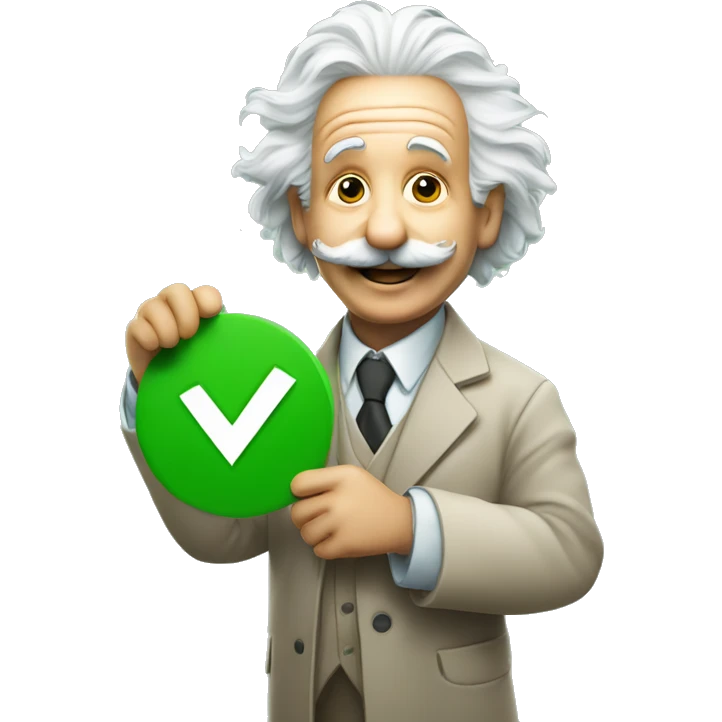 happy albert einstein holding green check mark in one hand emoji