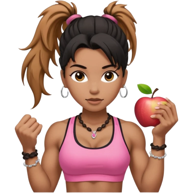 Caramel skinned toned female with a black messy ponytail for hair. Her eyes are a coffee color brown and almond shaped. She’s wearing a pink sports bra and showing off her big muscular toned biceps. She’s not holding anything in her hands but she wears a rosary necklace and an Apple Watch. emoji