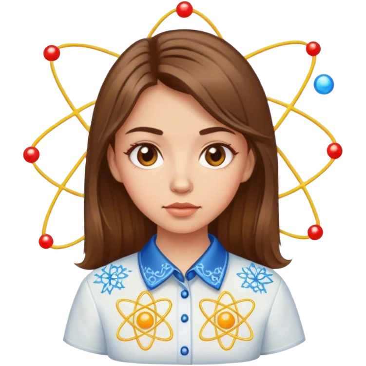 a Ukrainian girl with brown hair in an embroidered shirt and an atom emoji