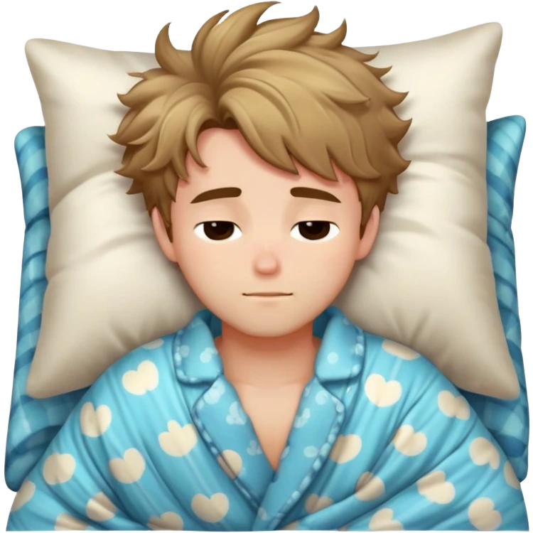 Adorable sleepy boyfriend with messy bed hair, pajama shirt slightly open, cuddling a pillow, cozy blanket, soft lighting emoji