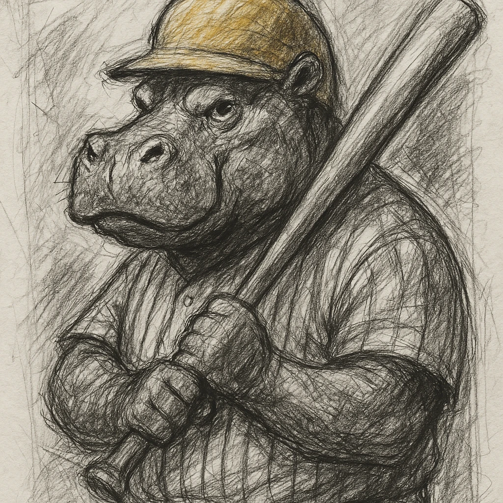hippo holding a baseball bat, wearing a yellow helmet, pinstripes outfit emoji