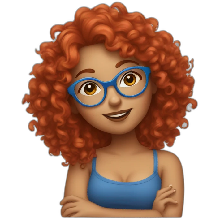 a curvy girl with curly red hair and blue glasses blowing a kiss emoji