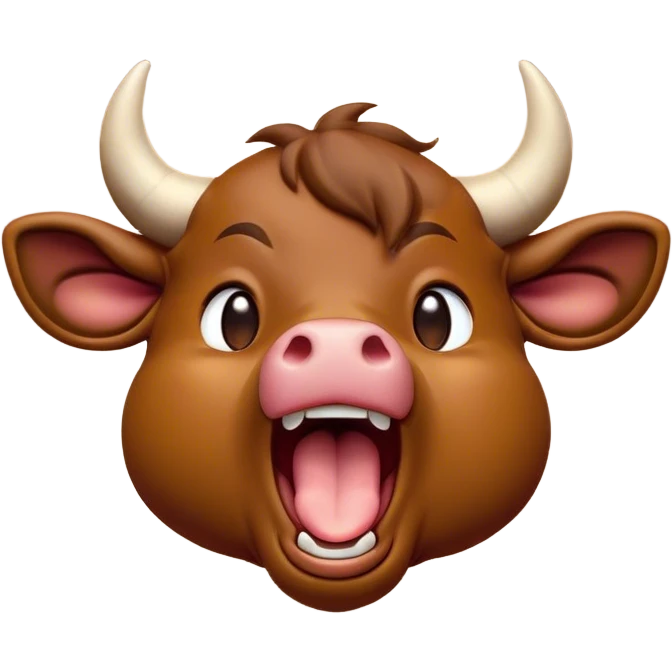 Cinematic Cute Yawning Brown Bull Portrait Emoji, Head tilted slightly with a dramatic, wide-open yawn, showcasing a smooth, rich brown hide with a subtle texture, floppy ears slightly drooping, round dark eyes barely open in drowsy contentment, Simplified yet irresistibly adorable features, highly detailed, glowing with a soft, cozy glow, high shine, relaxed yet expressive, stylized with a touch of rugged whimsy, bright and endearing, soft glowing outline, capturing the essence of a sleepy yet affectionate guardian, so drowsy it feels like it could charge right out of the screen and curl up for a nap! emoji