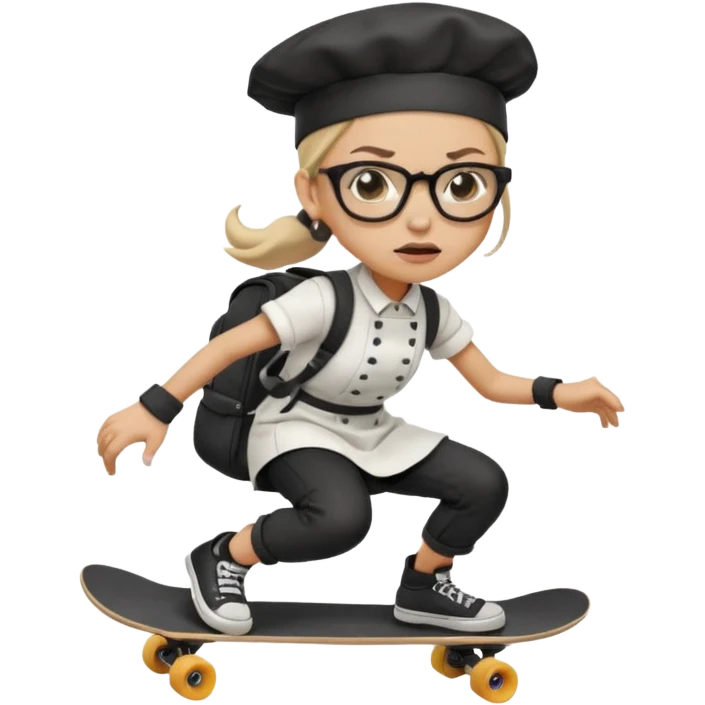 ["An angry woman with light skin, ponytail, wearing a chef hat and square glasses, dressed in goth fashion, is skateboarding while holding a backpack."] emoji