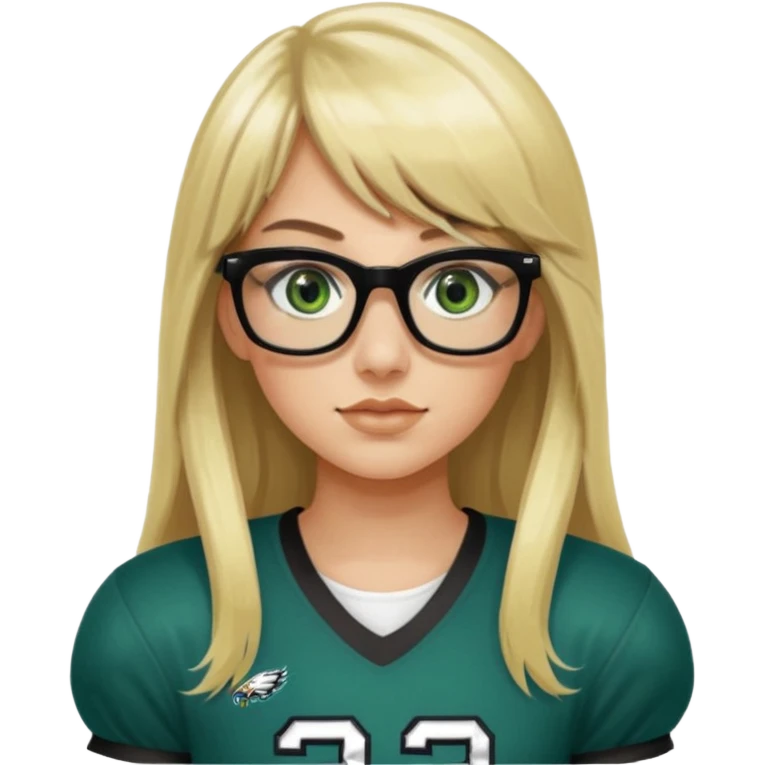 long blonde hair with bangs black rectangle glasses female green eyes football player wearing eagles jersey number 33 holding football emoji