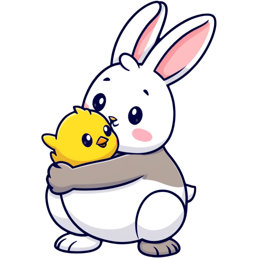 Adorable easter bunny hugging a small yellow chick emoji