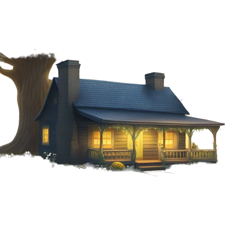  very very big Cabin near a big tree.  Thick moss growing on the roofs. grass fields. porch lights turned off. bright white interior lights turned off. guests sitting in chairs on the porch, flowers and bushes are yellow and blue. emoji