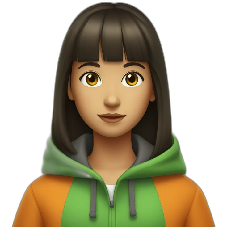 a young girl with slightly tanned skin.  straight bangs and dark hair.  she has bright green eyes and an orange coat emoji