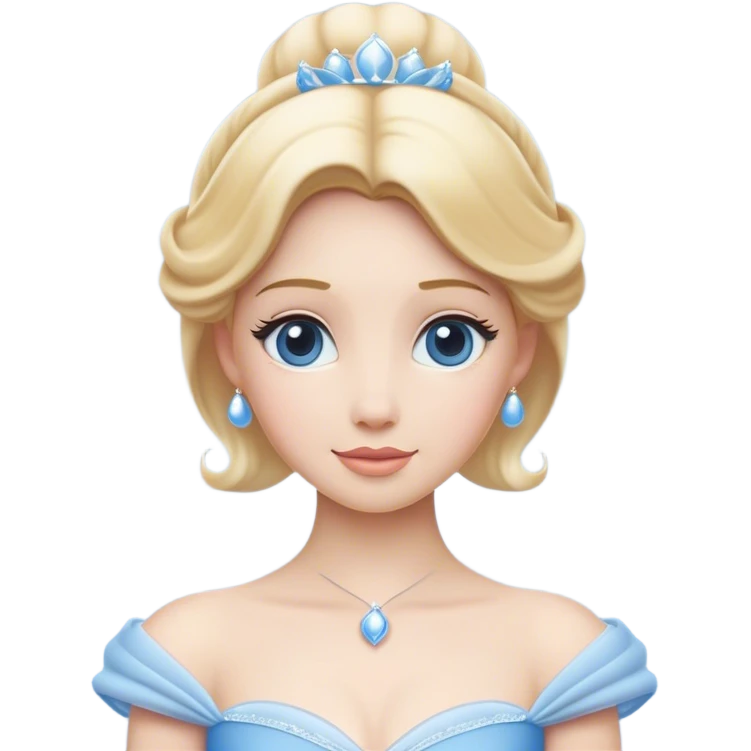 Cinematic Elegant Cinderella Portrait Emoji, rendered in a flat, vector-style with minimal shading and bold, simplified shapes. Depict Cinderella in her classic ball gown (chest and above) with fair, porcelain skin and elegantly styled blonde hair, her eyes soft and kind, and her expression serene and graceful. The design glows with a gentle, enchanting radiance and high shine, capturing the timeless beauty of a fairy tale princess. emoji