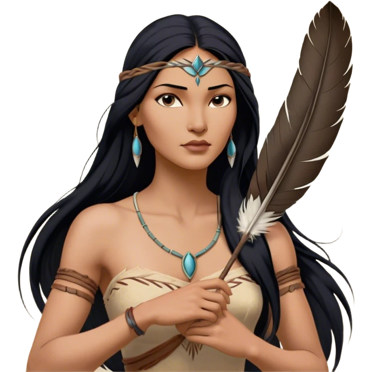 Cinematic Realistic Pocahontas Portrait, depicted with lifelike skin texture, soft natural lighting, and intricately detailed long, flowing raven-black hair that moves gracefully in the wind. Her deep, soulful dark brown eyes exude wisdom and strength, complemented by a serene yet powerful expression. She is shown gently holding a feather in one hand, her other hand resting lightly at her side, embodying the harmonious balance between nature and herself. She is dressed in her classic one-shoulder native American dress, with rich fabric textures and delicate beaded details that catch the light beautifully. The portrait features a soft, sun-kissed glow with a natural, radiant finish, capturing the essence of untamed beauty and deep connection to nature in a realistic and painterly style, evoking a sense of depth and authenticity. emoji