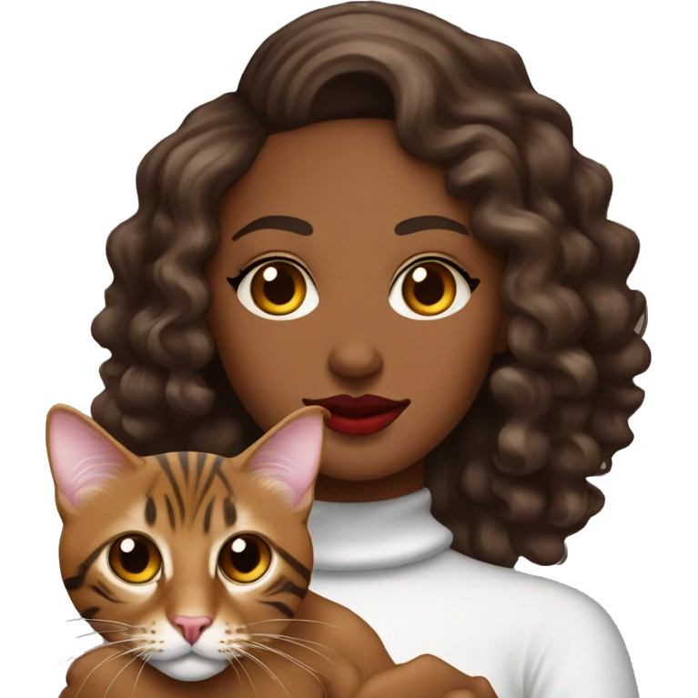 pretty-curly-chocolate-woman-red-lips-with-cat-bengal emoji