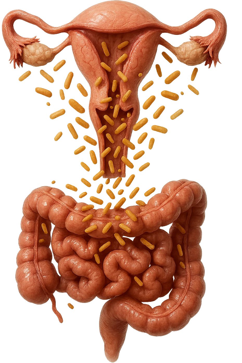 UTERO UMANO E INTESTINO ANATOMICI REALISTICI SONO UNO SOPRA ALL'ALTRO E SI PASSANO I BATTERI A VICENDA, CON BATTERI CHE ESCONO DALL'INTERNO, IPERREALISTICO 4K, NON DISEGNATO emoji