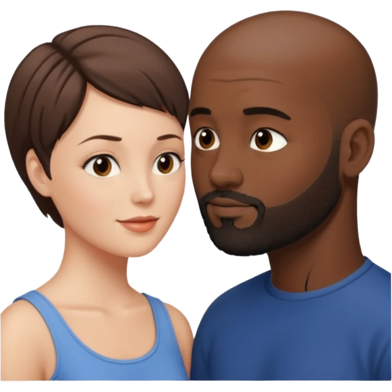 a white woman with short brown hair and a black man with no hair and a beard are facing one each other and looking at each other lovely emoji