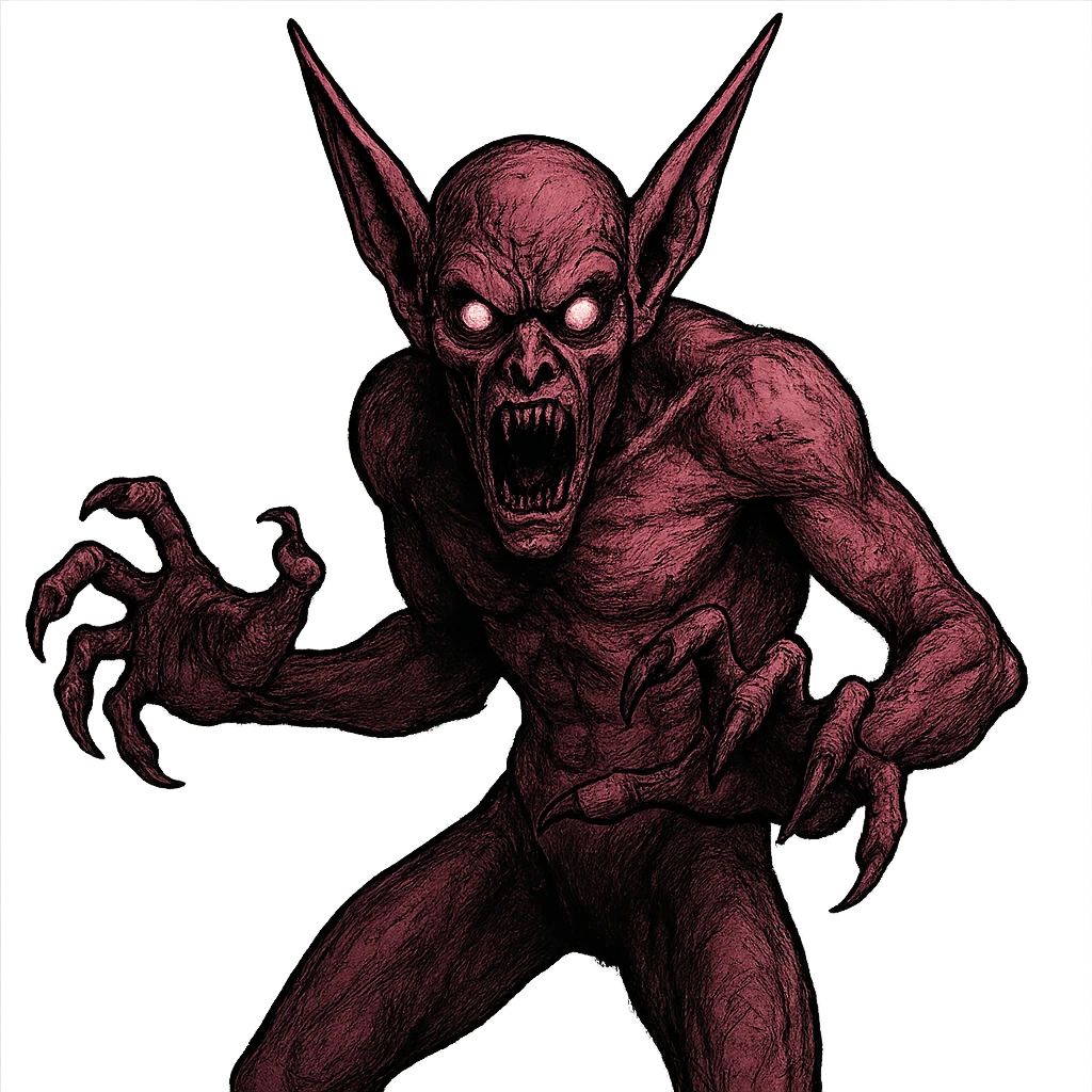 scary pink devil with long pointed ears, glowing eyes, clawed hands, in a frightening pose emoji