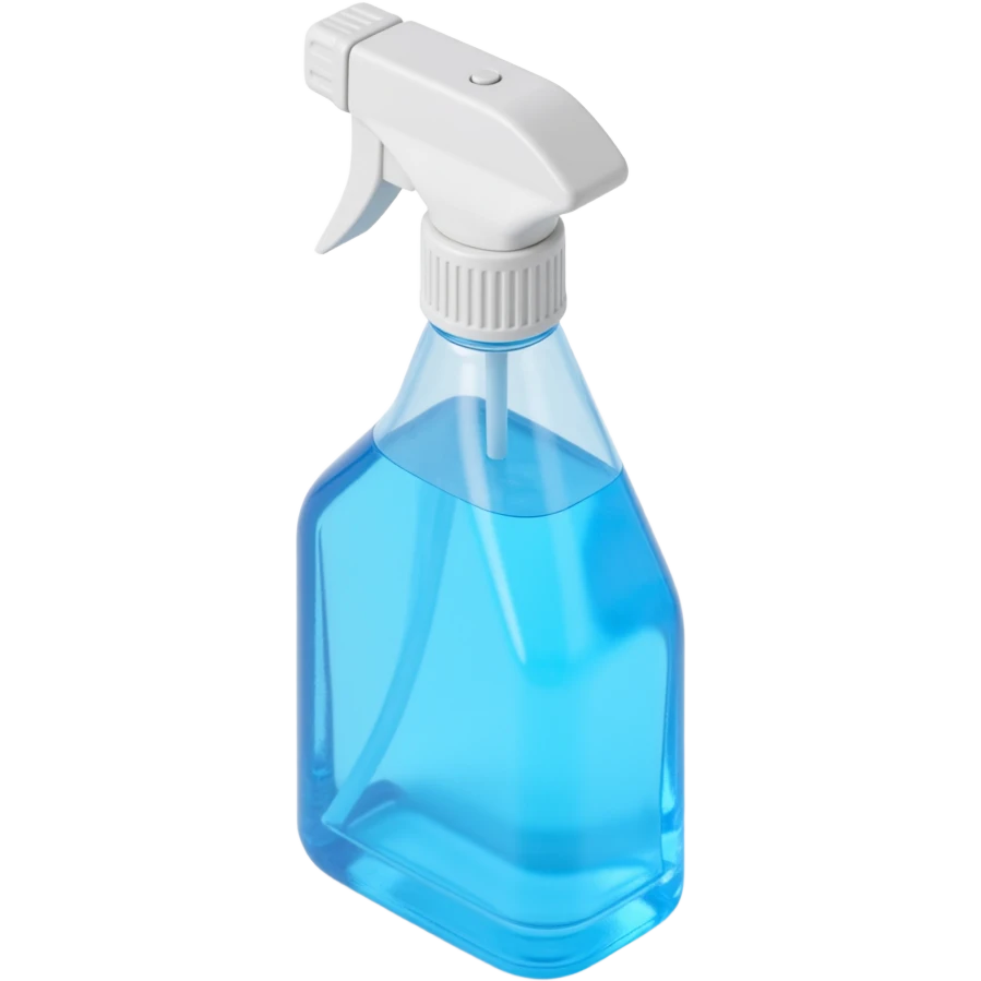 skeuomorphic 3D window cleaning spray bottle, photorealistic, transparent bottle, blue spray, light reflections emoji