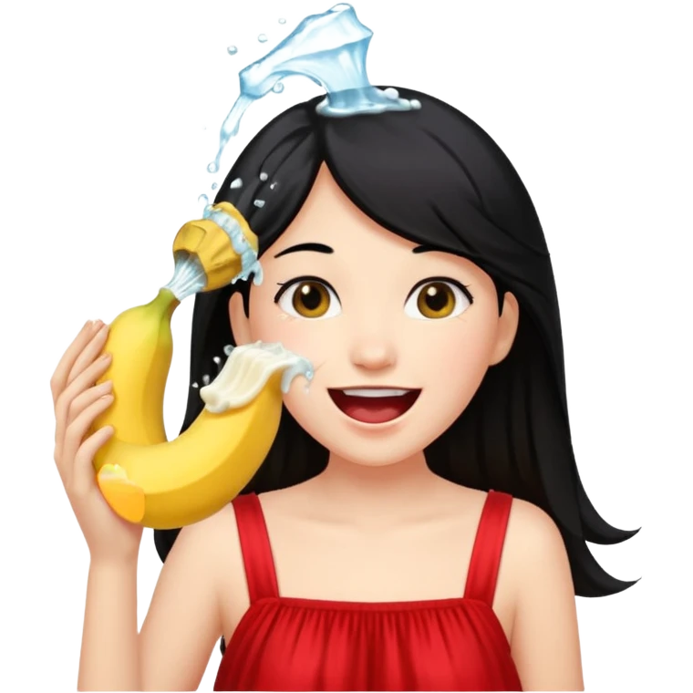 a girl with black hair and red dress rinsing mouth with pale yellow water coming out from a banana above her head emoji