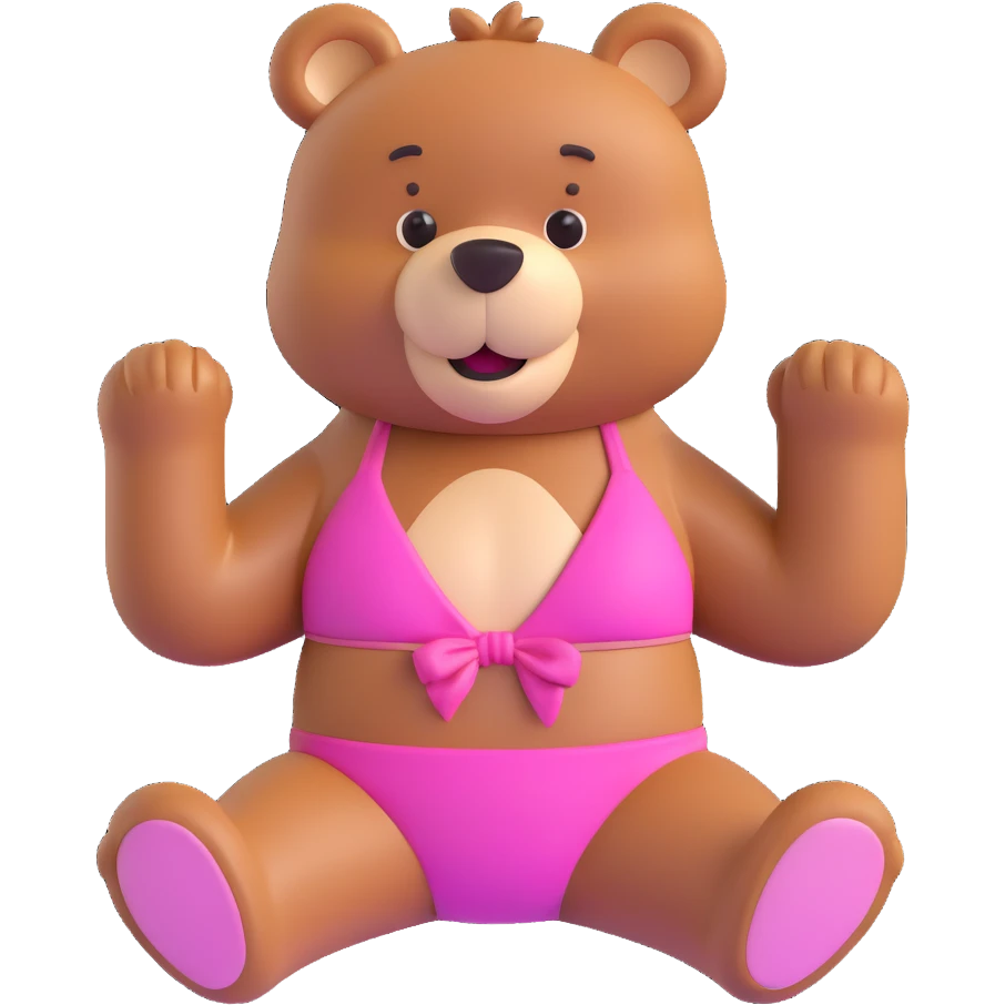 brown bear in a pink two-piece bikini, playful emoji