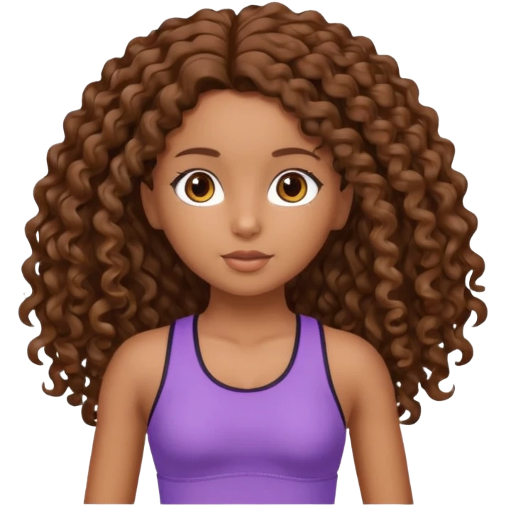Uma boneca morena com olhos castanhos e cabelo cacheado longo até o peito, treinando Gym emoji