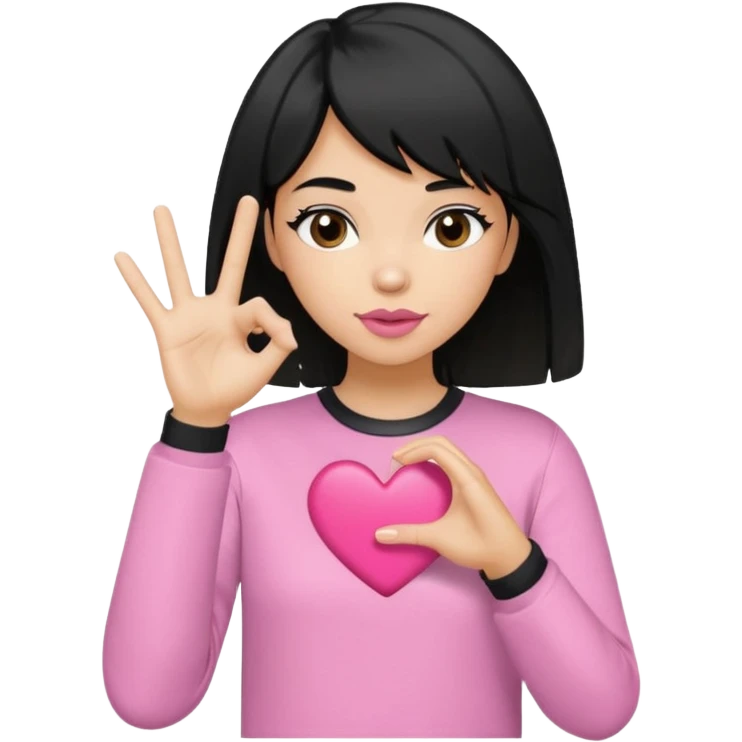 Black shaggy hair cut with blonde chunky highlights wearing pink lipgloss and a grey shirt doing a heart hand pose 🫶 emoji