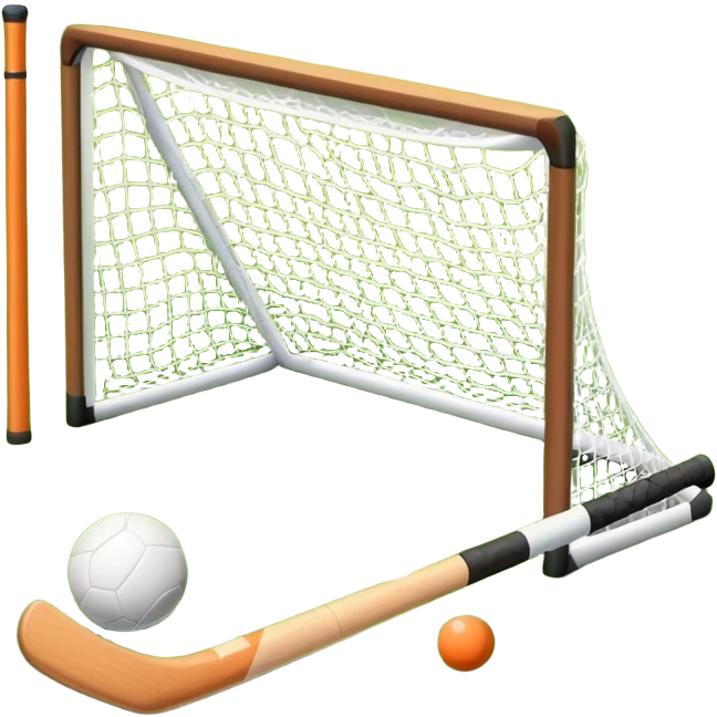 field hockey stick and ball on green grass field with goalposts emoji
