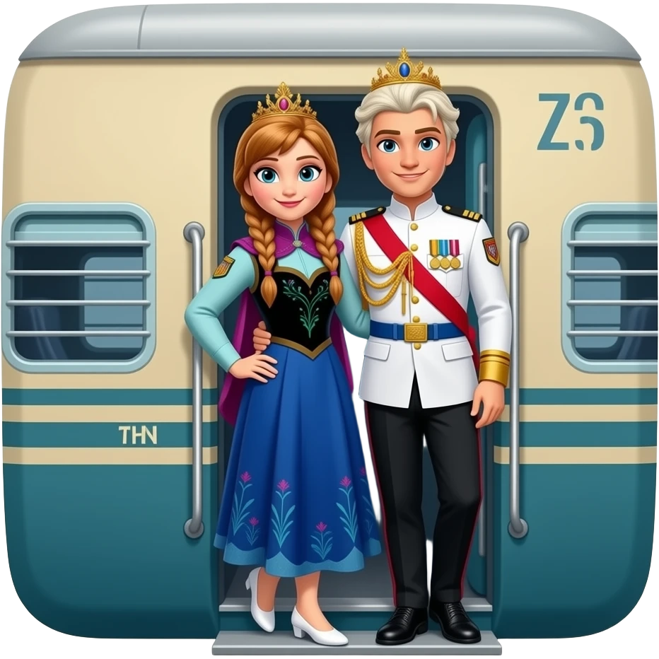 Elsa and Anna from disney frozen are same wearing gold tiara white military tunic arm badge shoulder cord medal red sash blue belt black trouser with both side red stripe white shoes and they both lean out of kolkata Indian suburban passenger train door in Sodpur West Bengal India emoji