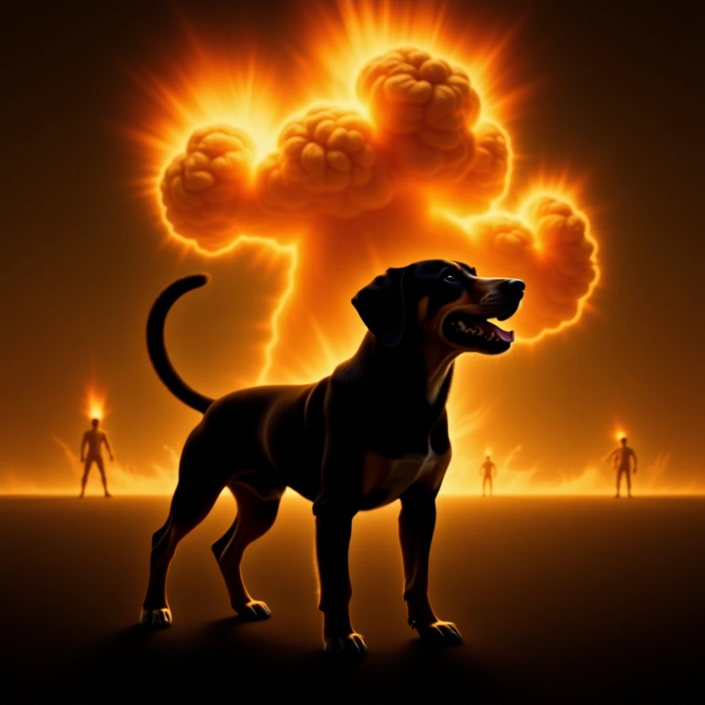 Cinematic still from squid game movie, dog, explosion in background emoji
