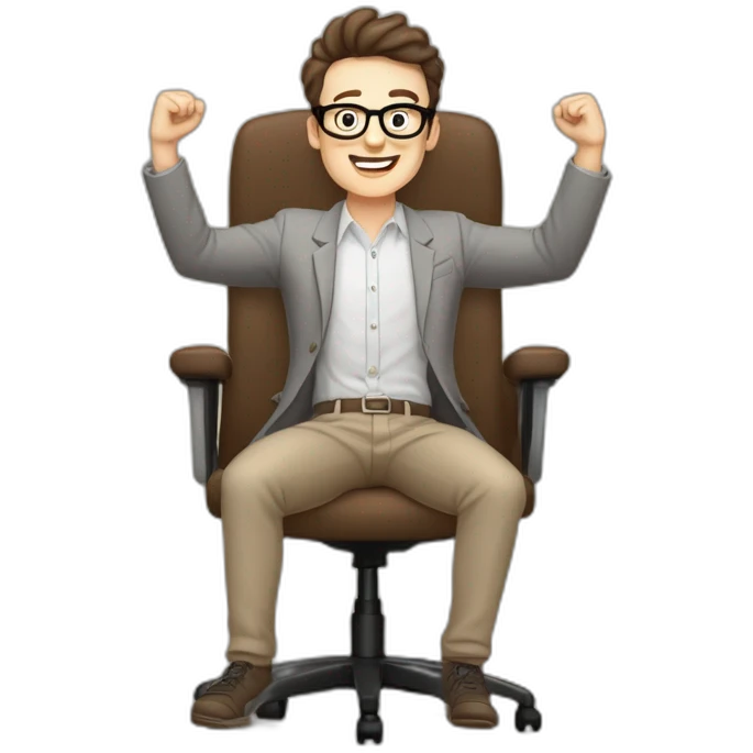 Joyful Celebrating victory Hands up Pale skinned Fit Man With dark brown hair in gray jacket, beige office shirt, Brown pants and vintage glasses sitting In a soft chair emoji