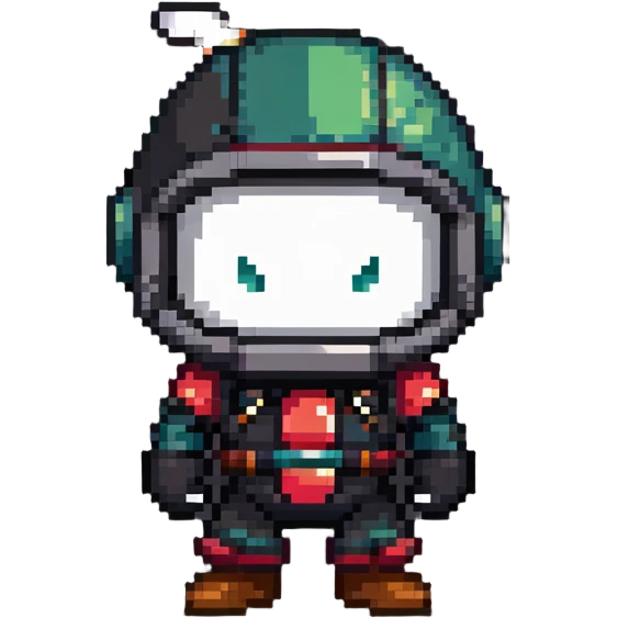 Black bomberman character, ninja-like design, sleek helmet with sharp antenna, mysterious appearance, cool pixel art style emoji