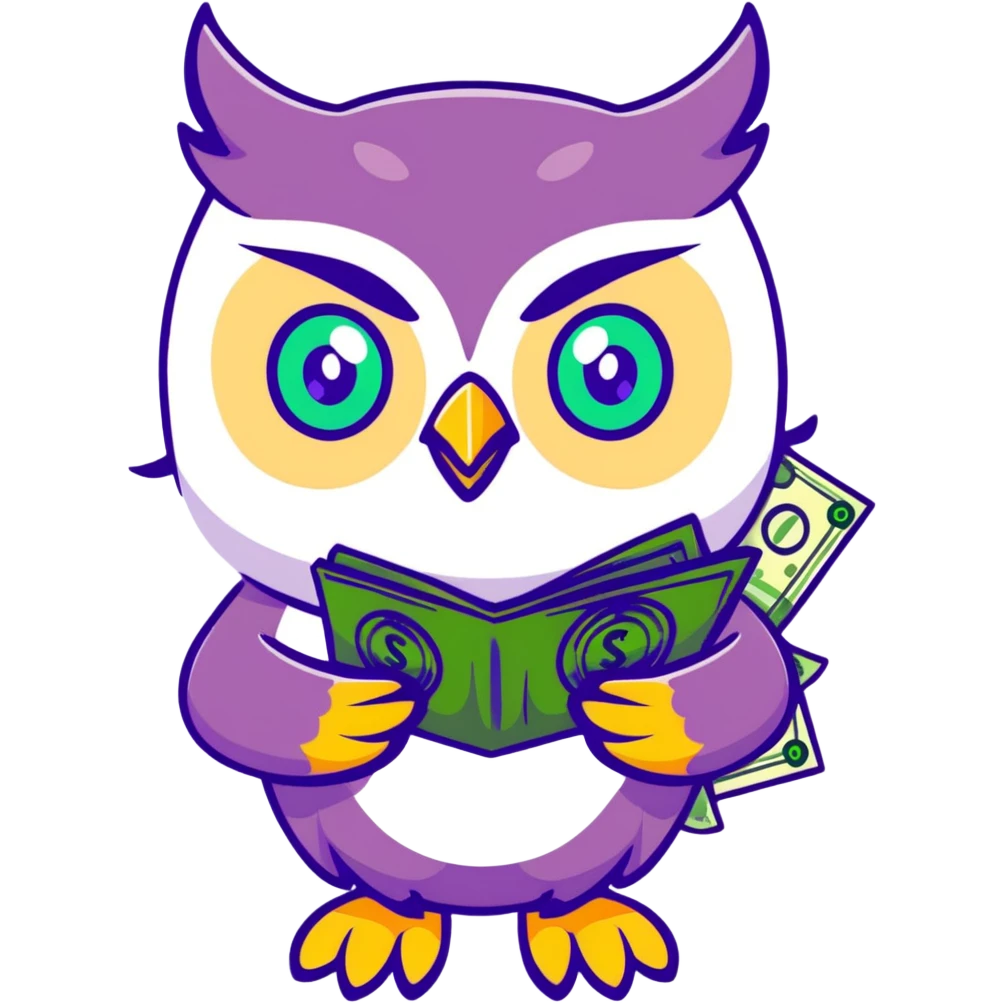 cute owl character symbolizing wealth luck, large green eyes, sparkling golden feathers, holding a money pouch in its feet, pastel tones, charming sticker style emoji