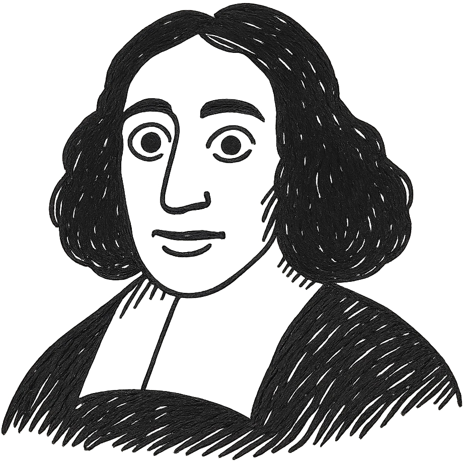 Keep the Spinoza black outline icon as in the second, more detailed version, but adjust the pupils so they are even and natural. Maintain the detailed, hand-drawn style, long curly hair, and 17th-century collar with transparent background. emoji