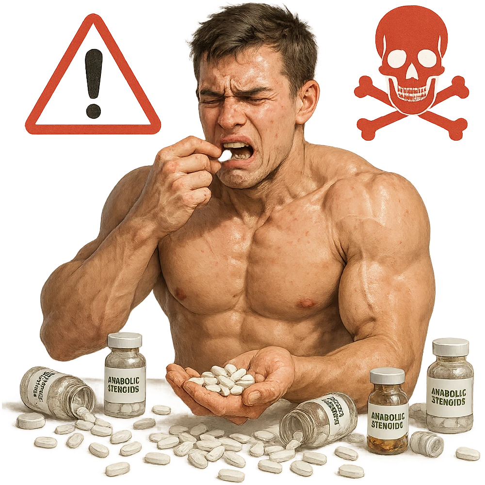 muscular young man inexperienced taking excessive anabolic pills, suffering expression, spilled vials, alarm and danger symbols, realistic details, isolated on white background emoji
