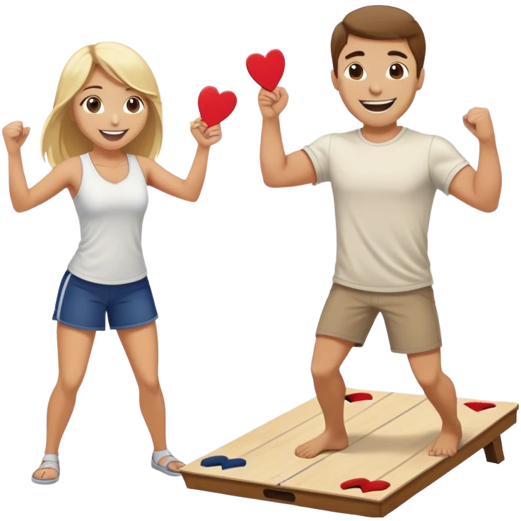 Fit man with brown hair playing cornhole with a blonde hair girl cheering him on emoji