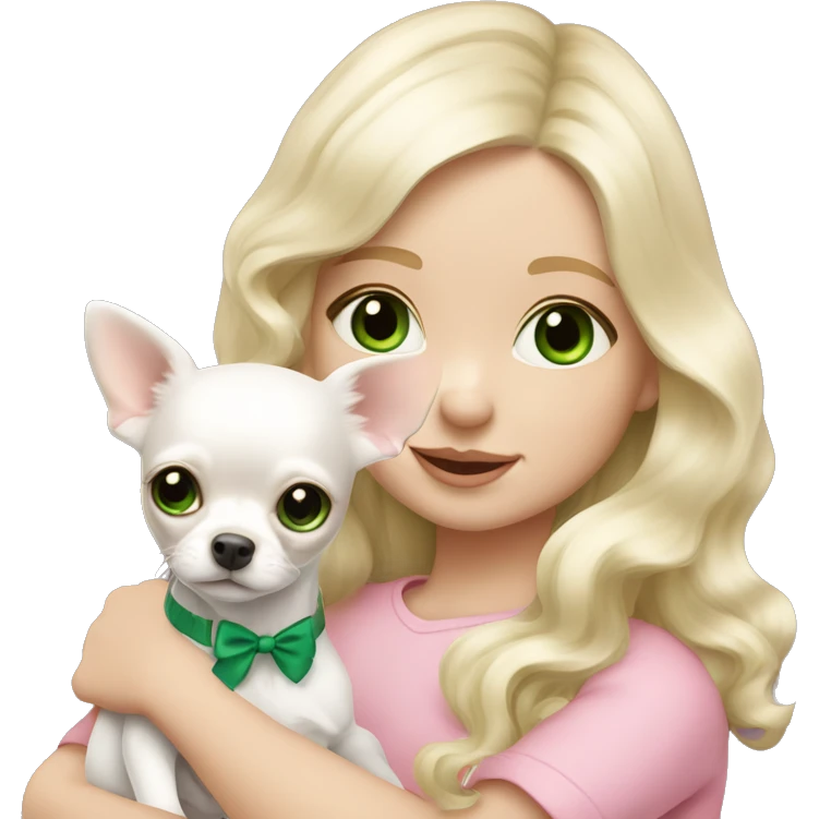 pale blond girl with wavy long platinum hair with green eyes holding a white chihuahua puppy that wearing a pink bow emoji