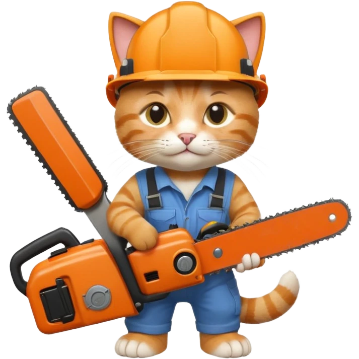 a cat in a construction helmet holds a chainsaw in his hands emoji