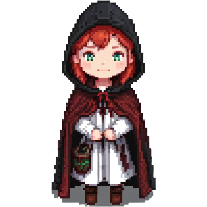 white-skinned girl with red hair wearing a black cloak with a hood emoji